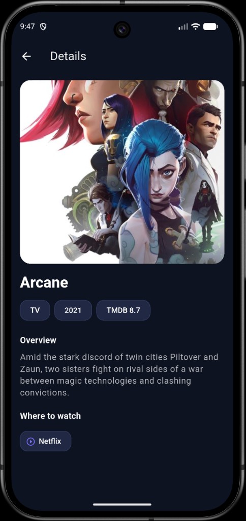 NextBinge details screen with overview and where to watch