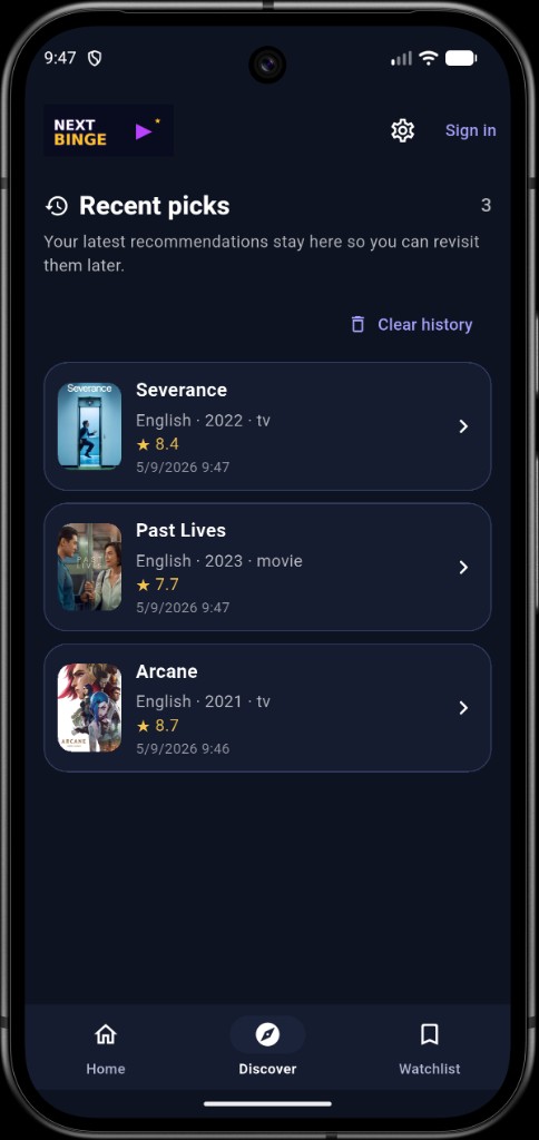 NextBinge Discover — recent picks list