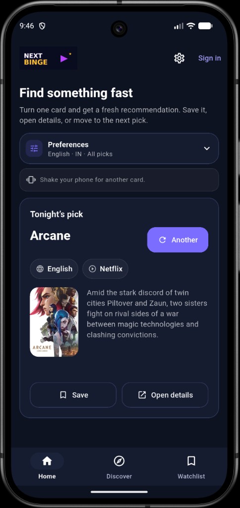 NextBinge home screen showing tonight’s pick