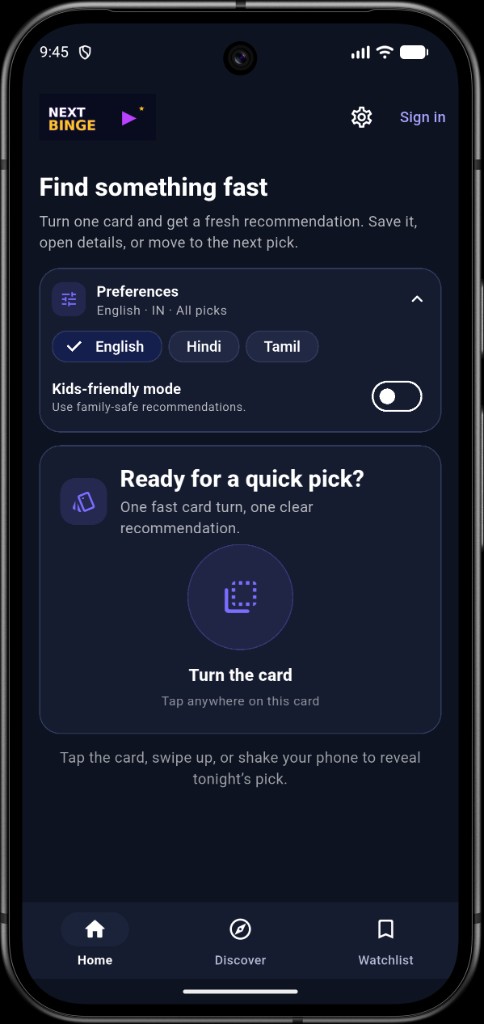 NextBinge home prompt — turn the card for a quick pick